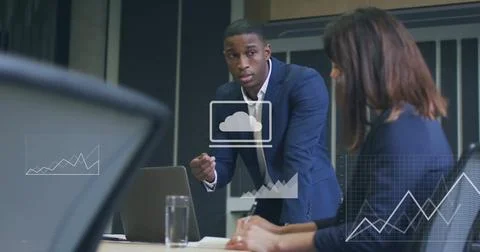 Image of financial data processing over diverse business people in office 스톡 일러스트