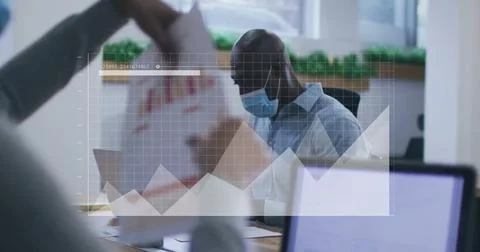 Image of financial data processing over diverse business people in face masks in Stock Illustration