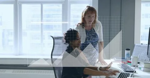 Image of financial data processing over diverse business people in office Stock Illustration