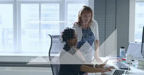 Image of financial data processing over diverse business people in office Illustrazione stock