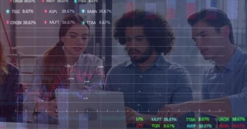 Image of financial data processing over diverse colleagues discussing work in Stockillustratie