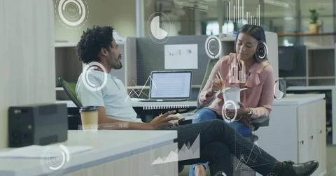 Image of financial data processing over diverse business people in office Stock Illustration