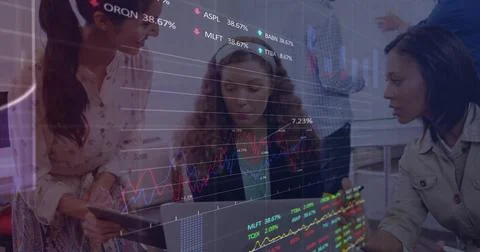 Image of financial data processing over diverse colleagues discussing work in Stockillustratie