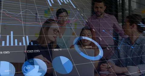 Image of financial data processing over diverse colleagues discussing work in Stock Illustration