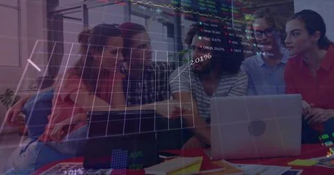 Image of financial data processing over diverse colleagues discussing work in 库存插图