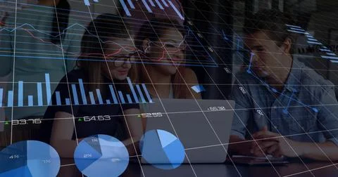 Image of financial data processing over diverse colleagues discussing work in Stockillustratie