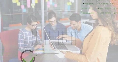 Image of financial data processing over diverse colleagues discussing work in Stockillustratie
