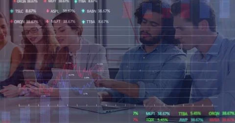 Image of financial data processing over diverse colleagues discussing work in Stock Illustration