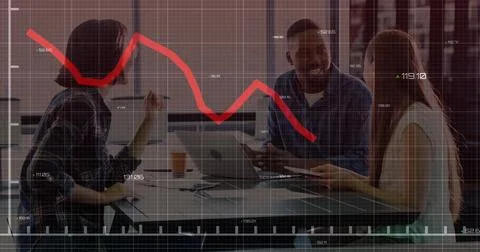 Image of financial data processing over diverse colleagues discussing work in イラスト素材