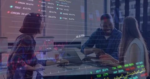 Image of financial data processing over diverse colleagues discussing work in Stockillustratie