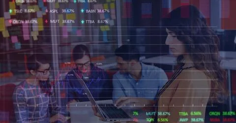 Image of financial data processing over diverse colleagues discussing work in Stock Illustration