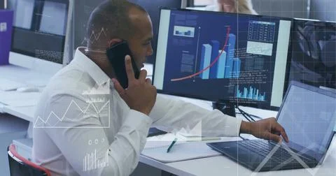 Image of financial data processing over diverse business people in office イラスト素材