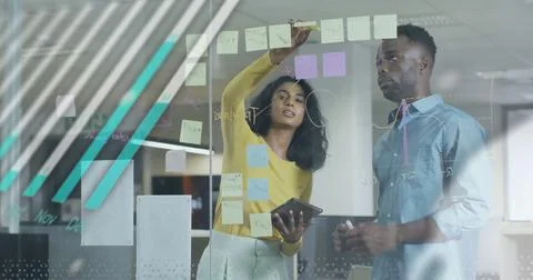 Image of financial data processing over diverse business people in office 스톡 일러스트