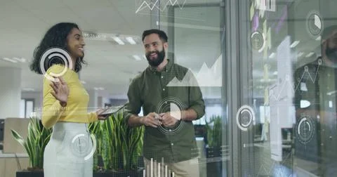 Image of financial data processing over diverse business people in office 스톡 일러스트
