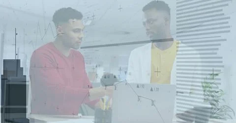 Image of financial data processing over diverse business people in office Stock Illustration