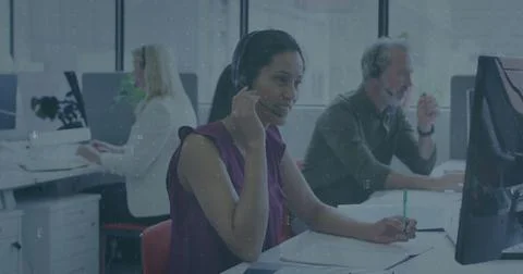 Image of financial data processing over diverse business people in office Stock Illustration