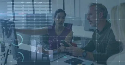 Image of financial data processing over diverse business people in office Stockillustratie