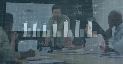 Image of financial data processing over diverse business people in office Stock Illustration