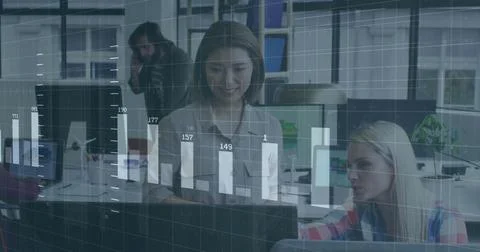 Image of financial data processing over diverse business people in office Stock Illustration