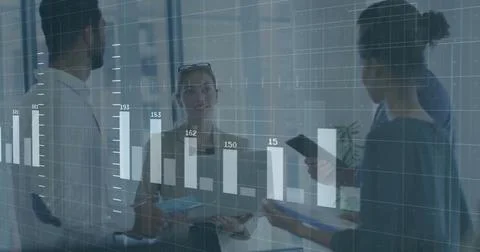 Image of financial data processing over diverse business people in office 스톡 일러스트