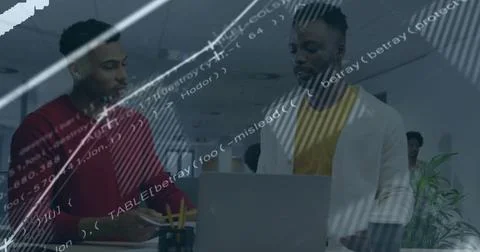 Image of financial data processing over diverse business people in office 스톡 일러스트