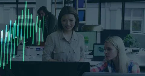 Image of financial data processing over diverse business people in office 스톡 일러스트