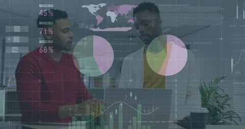 Image of financial data processing over diverse business people in office Stock Illustration