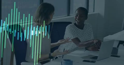 Image of financial data processing over diverse business people in office Stock Illustration