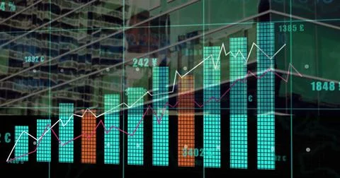 Image of financial data processing over office buildings Stock Illustration