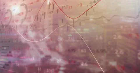 Image of financial data processing over cityscape イラスト素材