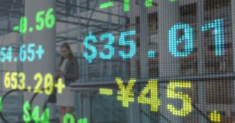 Image of financial data processing over caucasian businesswoman using smartphone 스톡 일러스트