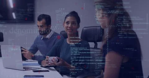 Image of financial data processing over diverse business people working together 스톡 일러스트