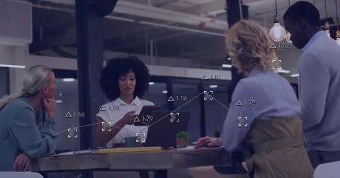 Image of financial data processing over diverse business people working together Illustrazione stock