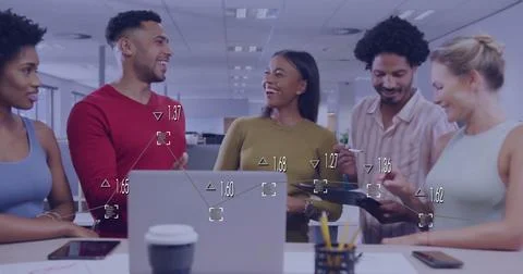 Image of financial data processing over diverse business people working together 스톡 일러스트