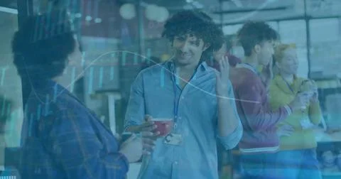 Image of financial data processing over diverse business people in office 스톡 일러스트