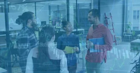 Image of financial data processing over diverse business people in office Stock Illustration