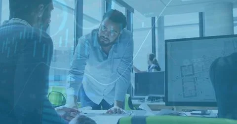 Image of financial data processing over diverse business people in office Stock Illustration