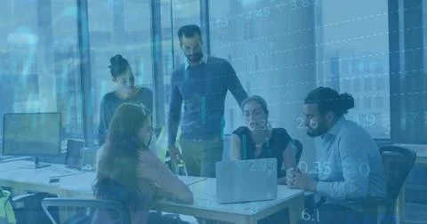 Image of financial data processing over diverse business people in office Stock Illustration