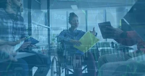 Image of financial data processing over diverse business people in office Stock Illustration