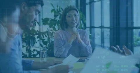 Image of financial data processing over diverse business people in office 스톡 일러스트