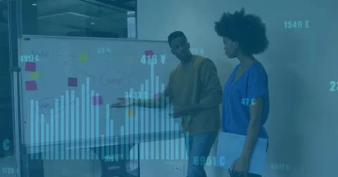 Image of financial data processing over diverse business people in office 스톡 일러스트