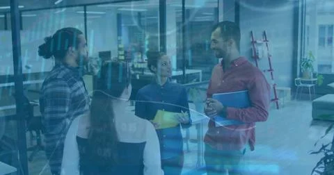 Image of financial data processing over diverse business people in office Illustrazione stock