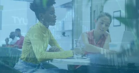 Image of financial data processing over diverse business people in office Illustrazione stock