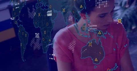 Image of financial data processing over caucasian businesswoman using laptop in Stock Illustration