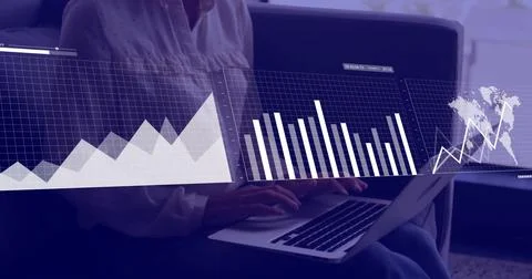 Image of financial data processing over caucasian businesswoman using laptop in Stock Illustration