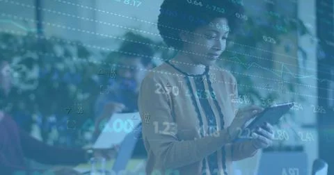 Image of financial data processing over diverse business people in office イラスト素材