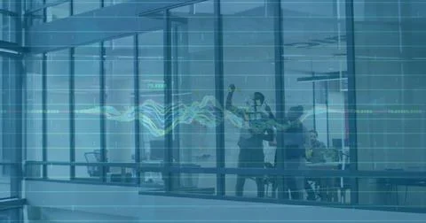 Image of financial data processing over diverse business people in office イラスト素材