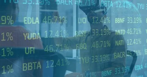 Image of financial data processing over biracial businessman wearing vr headset 스톡 일러스트