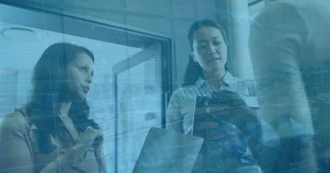 Image of financial data processing over diverse business people in office 스톡 일러스트