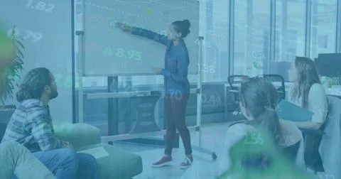 Image of financial data processing over diverse business people in office Stock Illustration